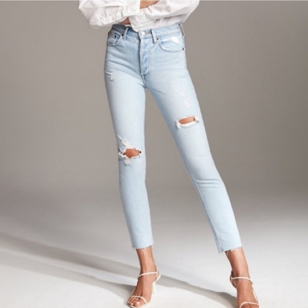DENIM FORUM Yoko High Rise Slim Jeans with Raw Hem Women's Size 24
